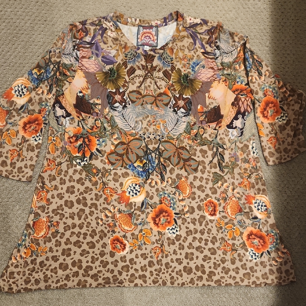 NEW Johnny Was Orange Floral & Animal Print Scoop Neck Tunic. NEW XXL